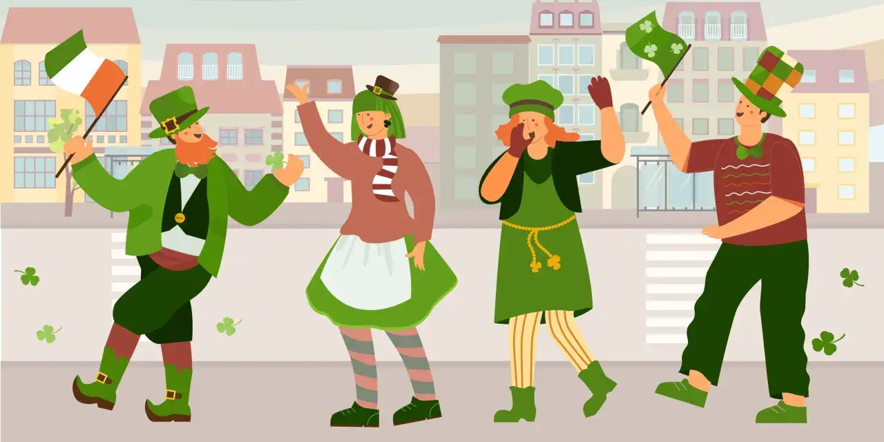 Personajes celebran el Día de San Patricio en Irlanda, ondeando banderas y tréboles.