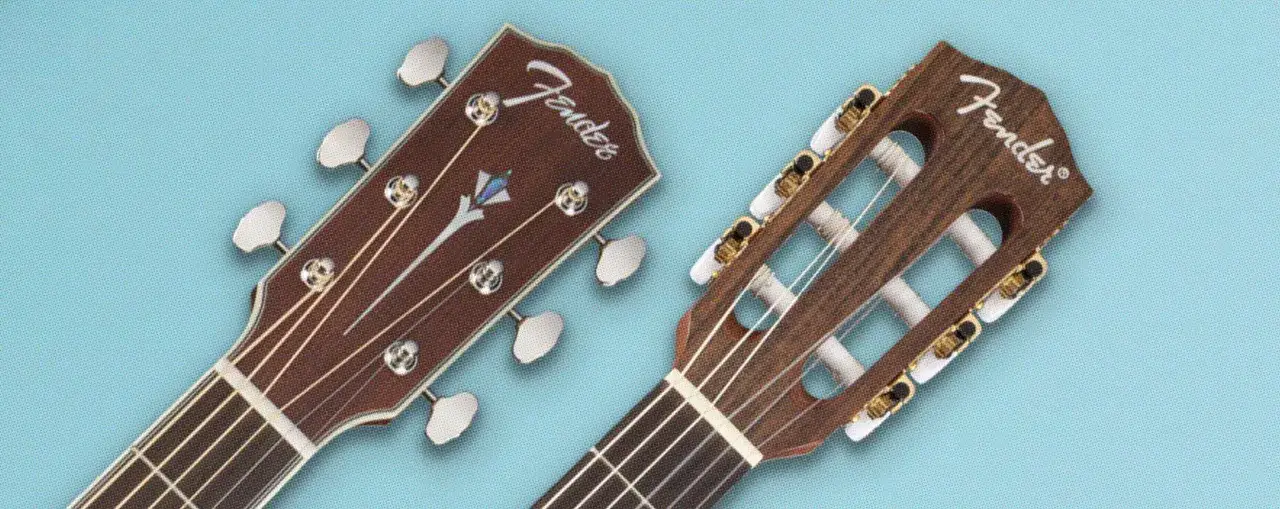 Dwie główki gitar Fender: jedna akustyczna z ozdobnym inkrustem, druga klasyczna, pokazująca, jak brzmi gitara klasyczna.