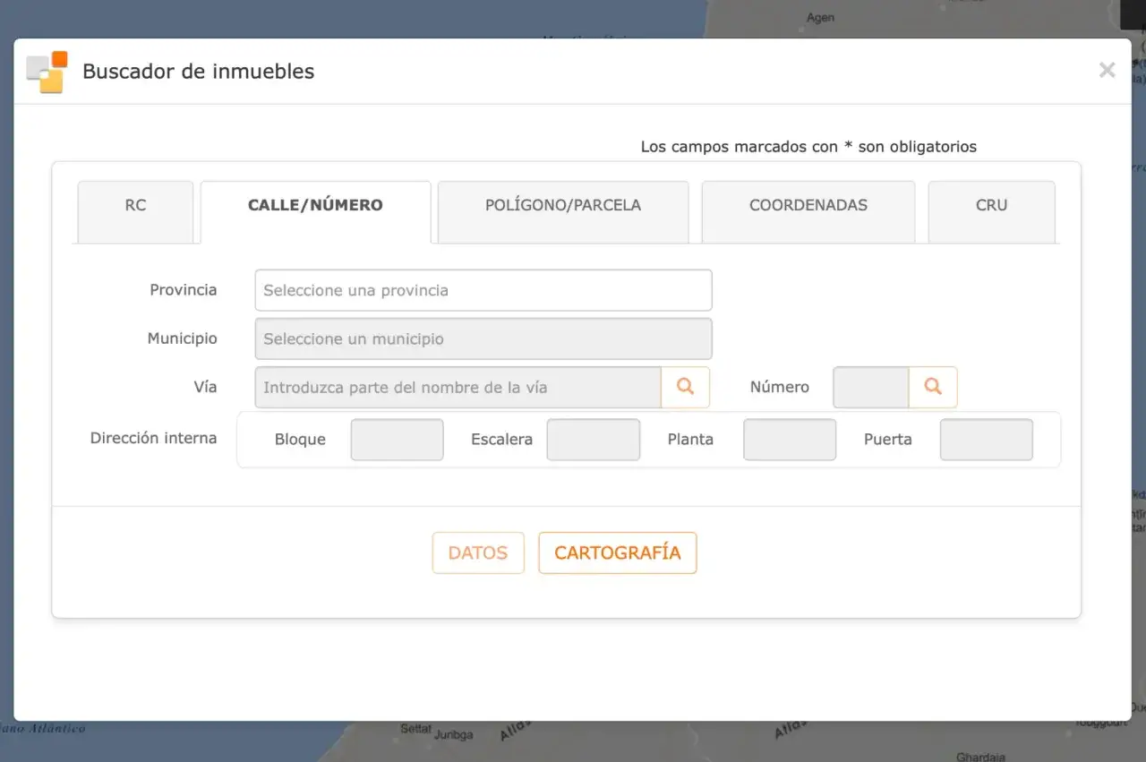 Buscador de inmuebles para una búsqueda de **catastro virtual**. Introduce datos de calle, número, provincia y municipio.