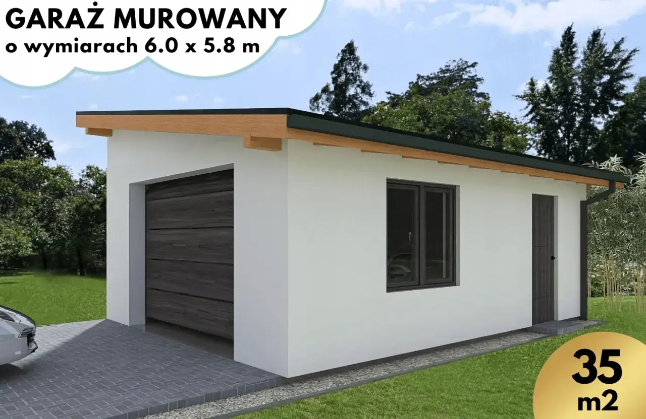 Nowoczesny garaż murowany 6x5.8m z bramą segmentową i oknem. Idealny na 35m² Twoich potrzeb.