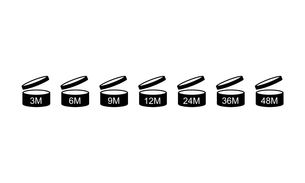 Simboli che indicano la durata di conservazione dopo l'apertura: 3M, 6M, 9M, 12M, 24M, 36M, 48M. Ricorda che gli ombretti scadono!