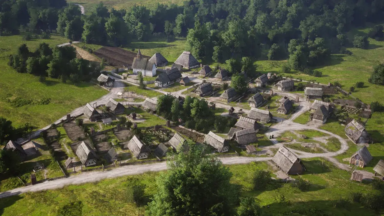 Widok z lotu ptaka na średniowieczną wioskę, typową dla gry **Manor Lords**, z domami krytymi strzechą i kościołem.