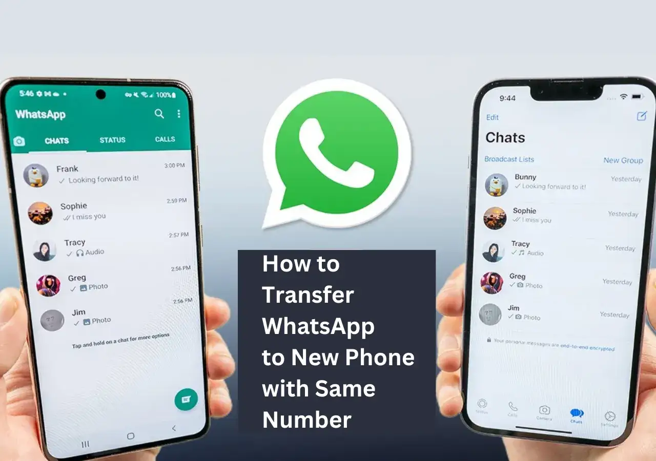 Dwa telefony pokazujące listę czatów WhatsApp. Obok zielone logo aplikacji. Tekst: