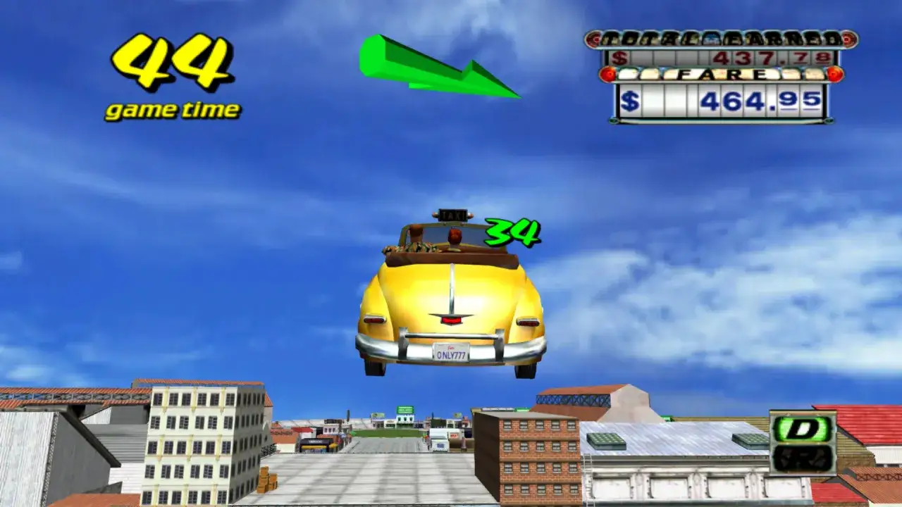Żółty kabriolet z napisem TAXI w powietrzu, jak w grze crazy taxi. Czas gry 44 sekundy, taryfa 464.95.