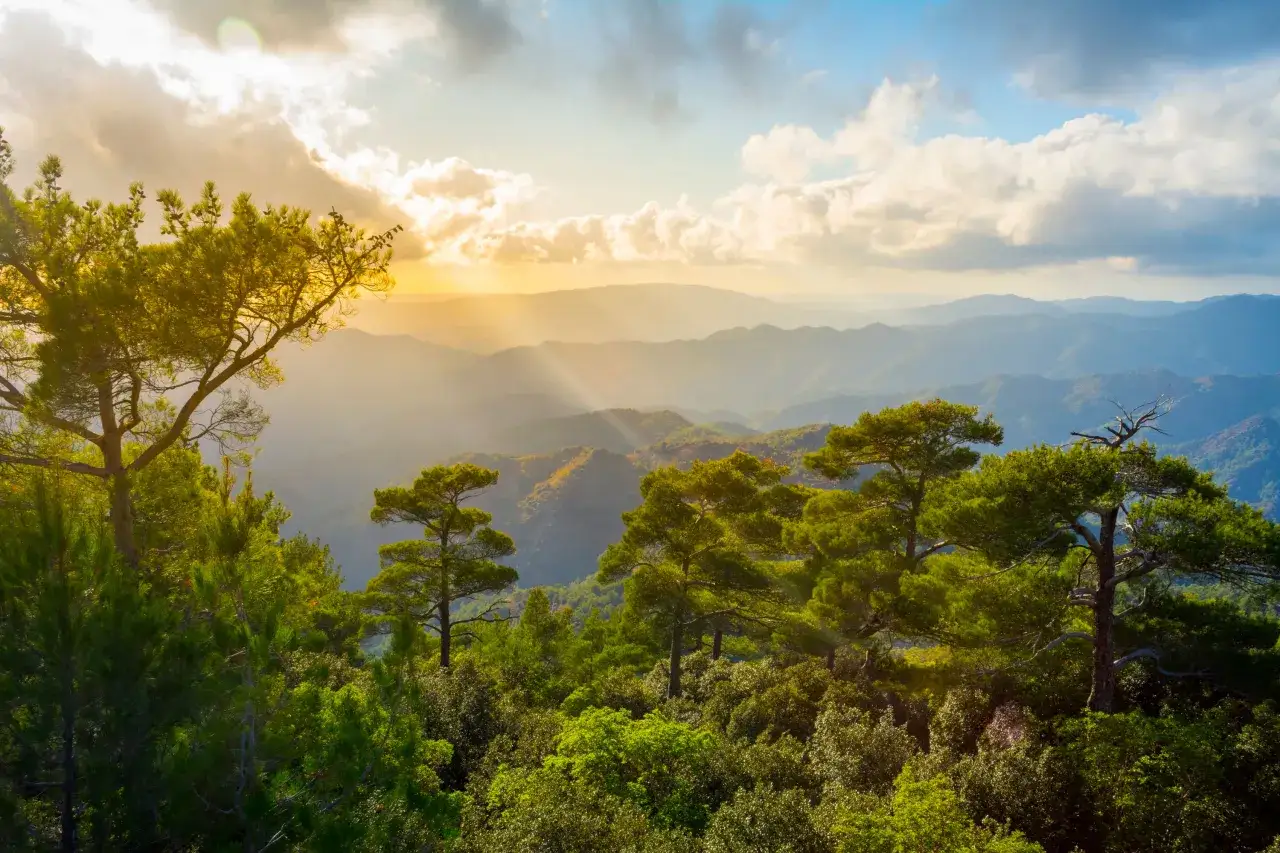 Jesienne słońce przebija się przez chmury nad Górami Troodos. Idealne warunki na odkrywanie tras!