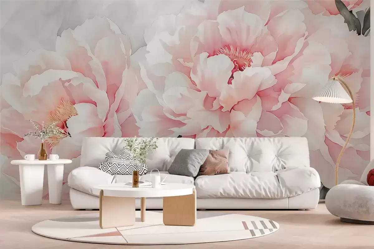 Delikatna tapeta pink z motywem wielkich, pastelowych kwiat&oacute;w tworzy romantyczną atmosferę w salonie.
