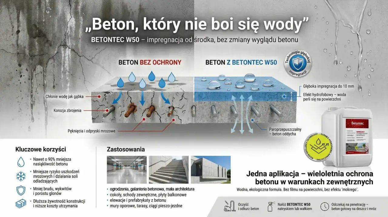 Jak czym zabezpieczyć beton przed wodą? Impregnacja BETONTEC W50 zapewnia głęboką ochronę, sprawiając, że woda perli się na powierzchni.