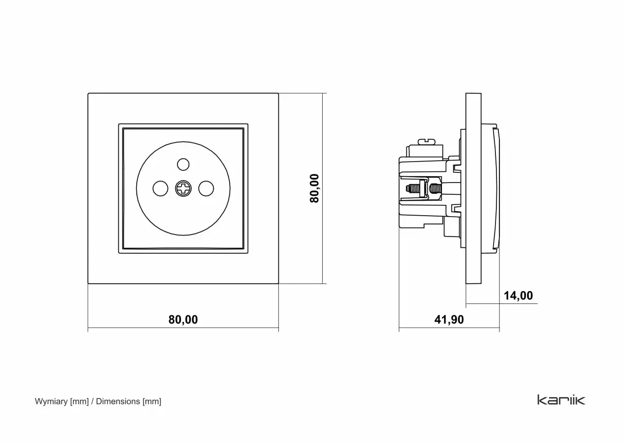 Rysunek techniczny gniazdka elektrycznego z uziemieniem. Wymiary: 80x80 mm, głębokość 41,9 mm, ramka 14 mm.
