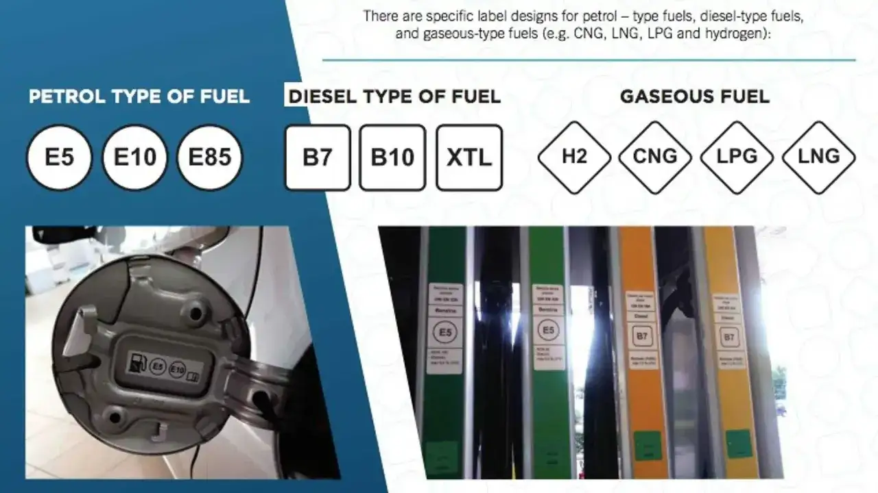 Etichette per carburanti: E5, E10, E85 per benzina, B7, B10, XTL per diesel, H2, CNG, LPG, LNG per gas.