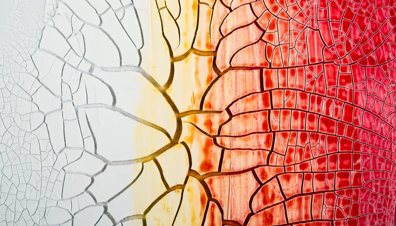 Texture craquelée d'une peinture acrylique, passant du blanc au jaune puis au rouge vif. Le médium acrylique à quoi ça sert ? Il crée ces effets uniques.