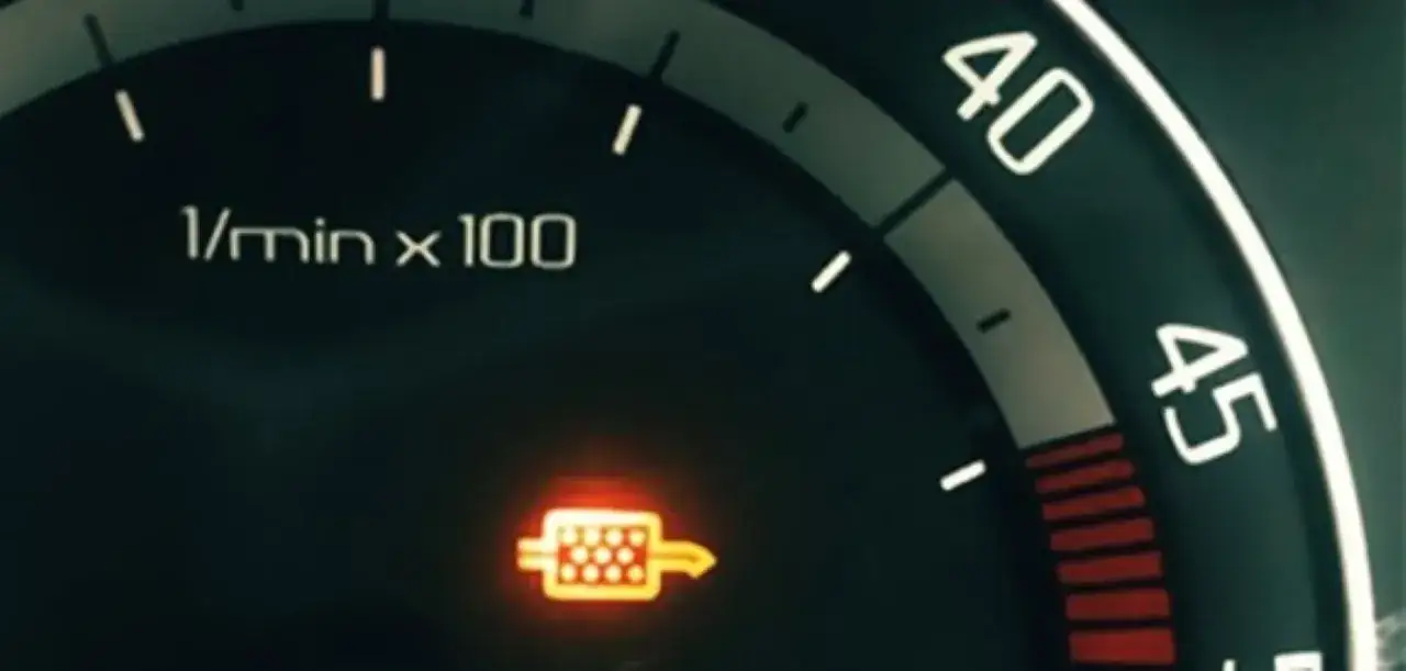 Kontrolka filtra cząstek stałych świeci się, sygnalizując zapchany dpf objawy. Czas na wizytę u mechanika.
