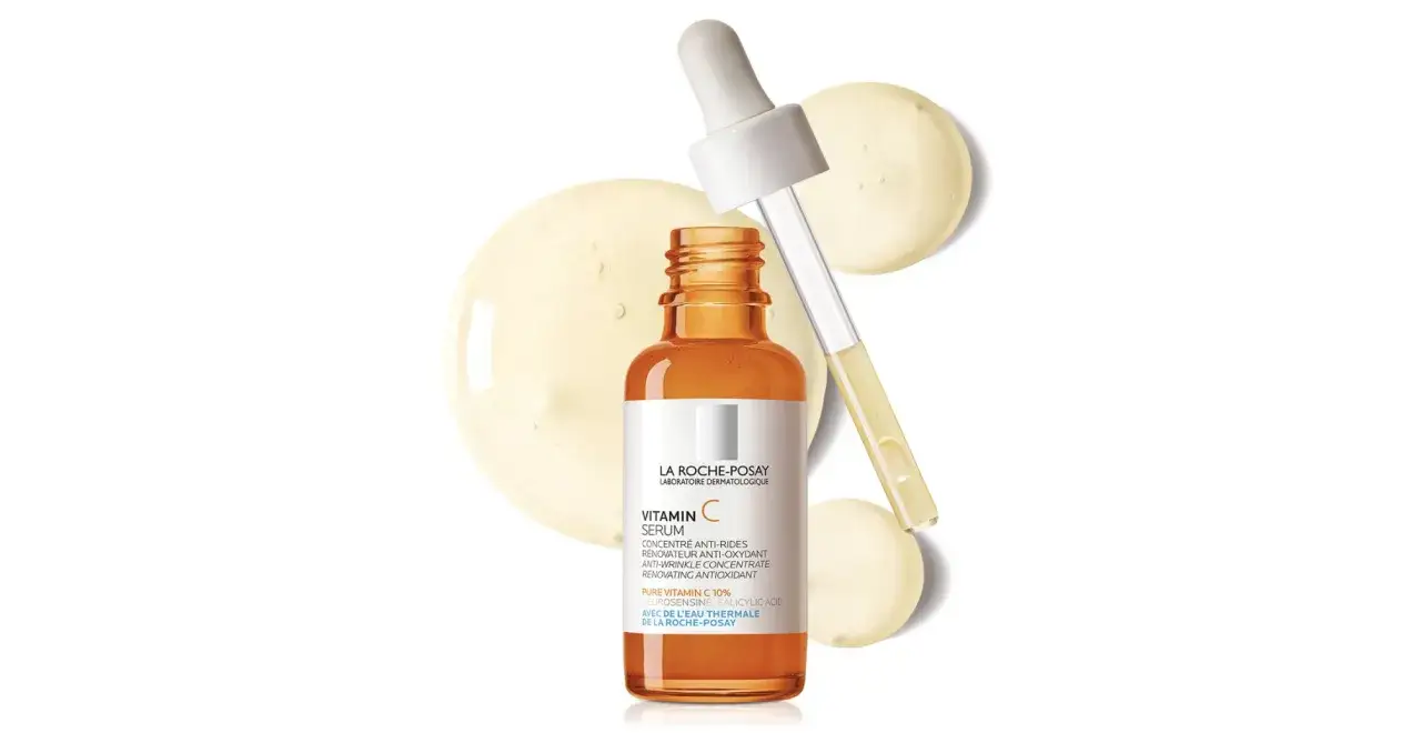 Sérum Vitamina C La Roche-Posay, ideal para el embarazo, con gotas de suero y aplicador.