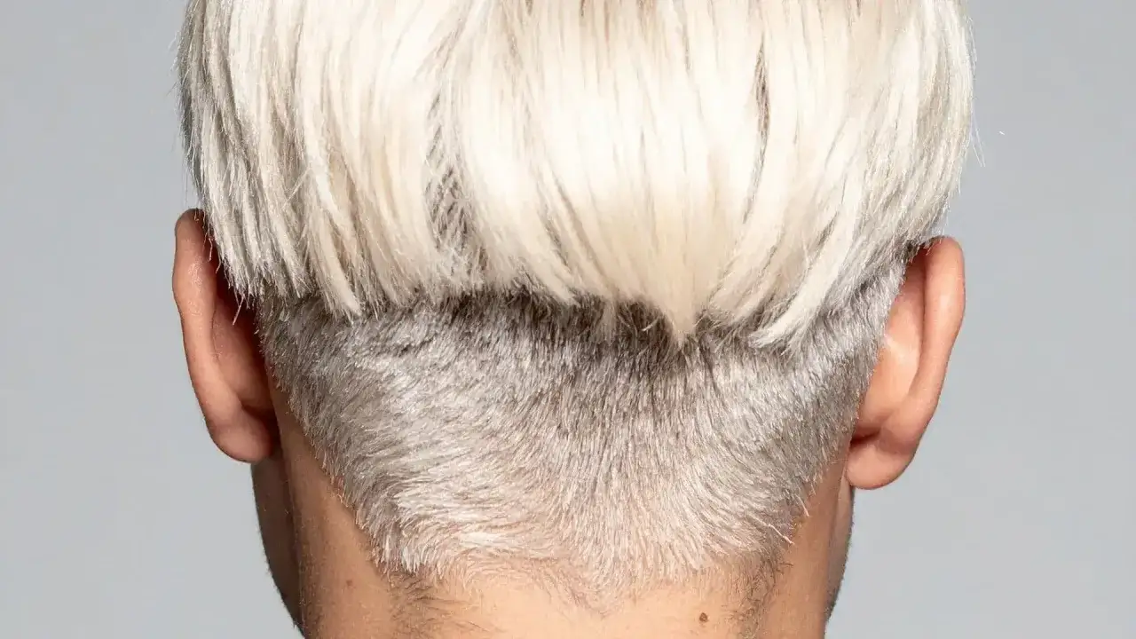 Vue arrière d'une coupe au bol femme, avec des cheveux blonds platine sur le dessus et un dégradé gris argenté sur la nuque.