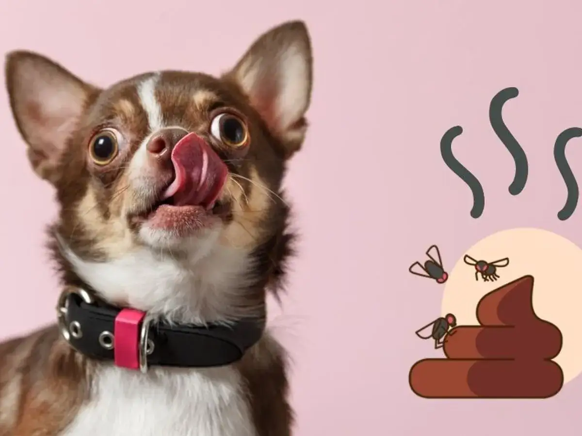 Un chihuahua con la lengua fuera, junto a una pila de excrementos con moscas. &iquest;Por qu&eacute; los perros se comen la caca?