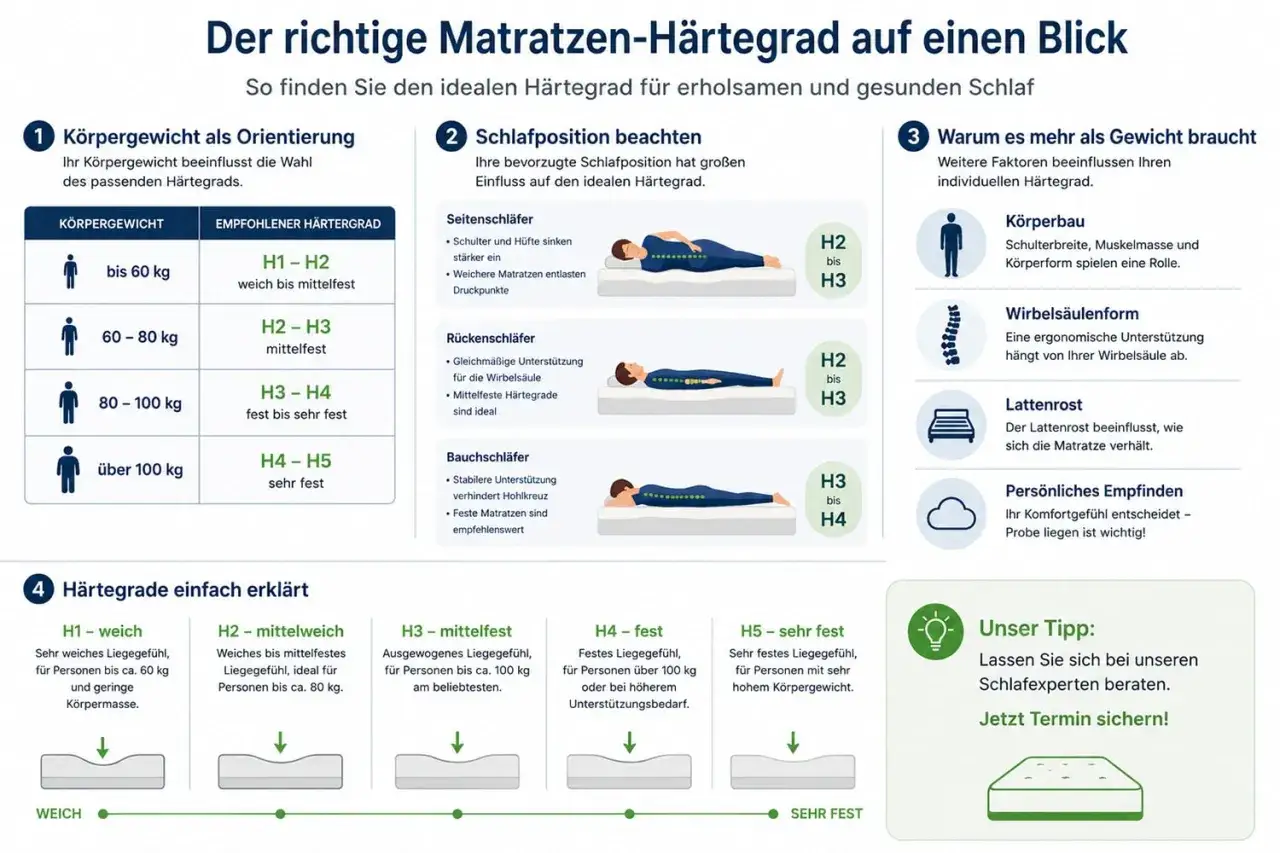 Übersicht über Matratzen-Härtegrad-Unterschiede: Körpergewicht, Schlafposition und Körperbau beeinflussen die Wahl des idealen Härtegrades für Ihren Schlaf.