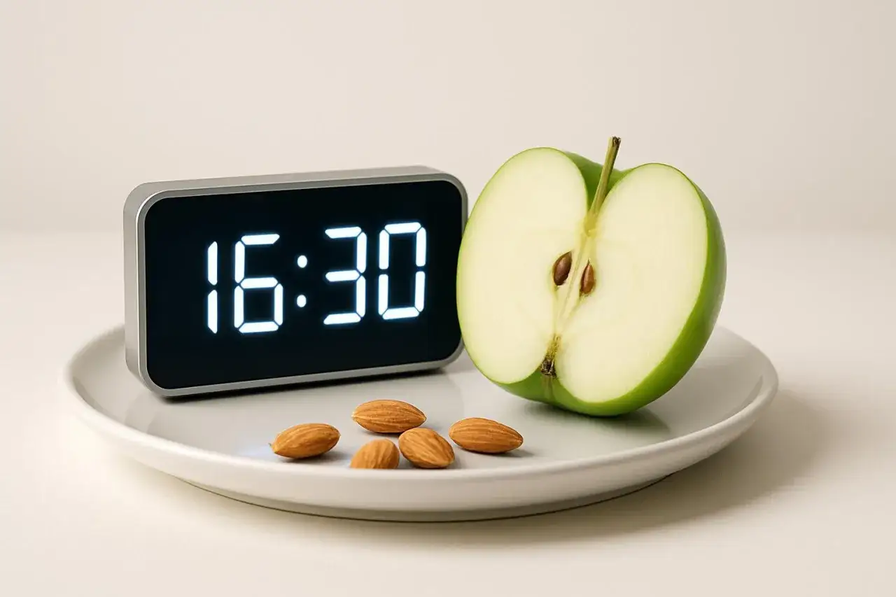 Orologio digitale segna le 16:30, ora perfetta per uno spuntino pomeridiano con una mela verde e mandorle.
