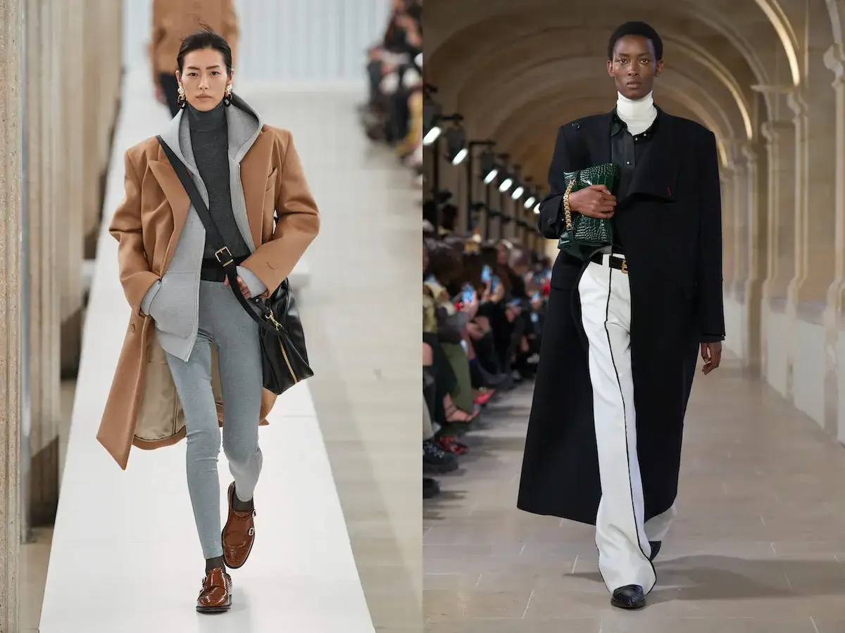 Modelli sfilano con eleganti idee outfit ufficio inverno: cappotto cammello con felpa grigia e pantaloni aderenti, o cappotto nero con camicia bianca e pantaloni a palazzo bianchi.