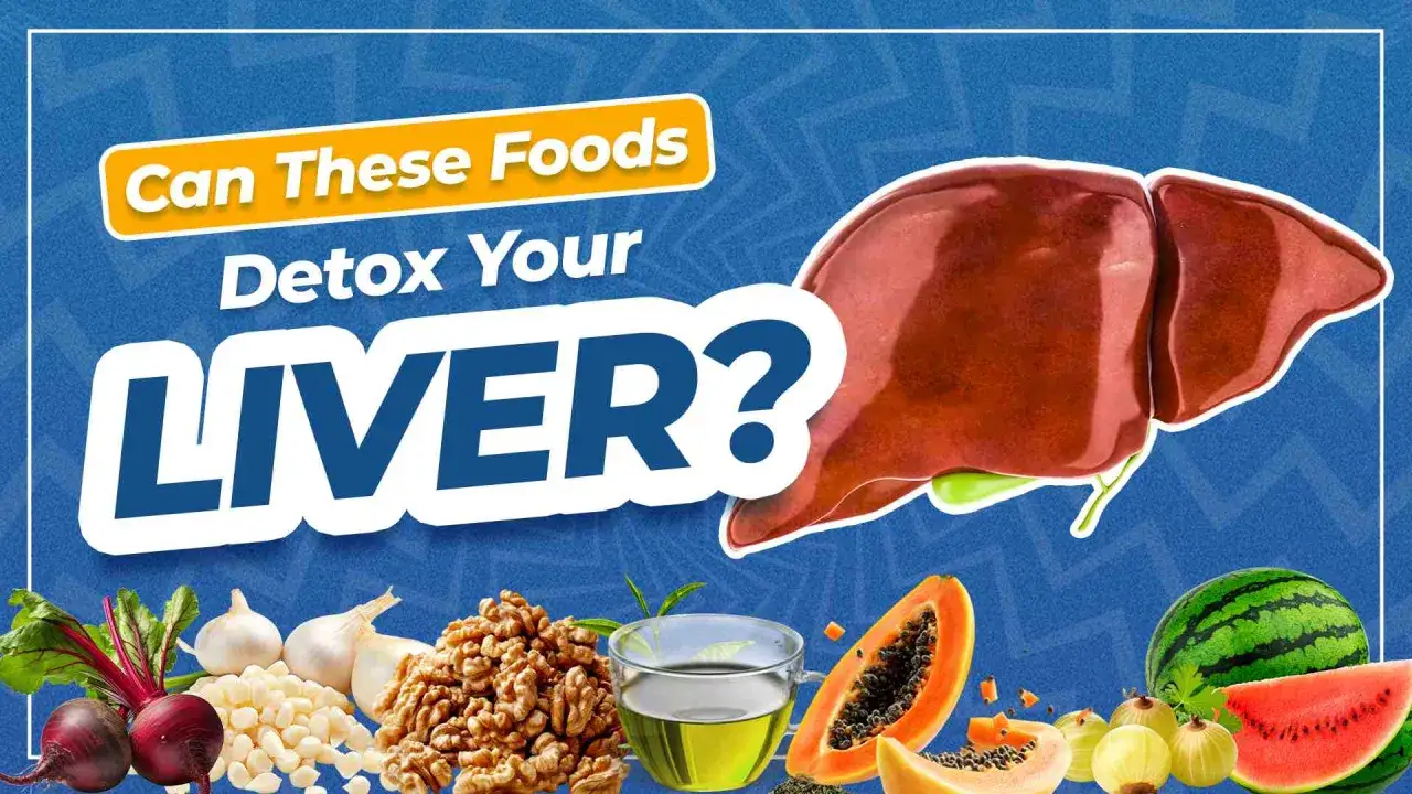 Eine Detox-Lebensmittel-Tabelle mit Leber, Rote Bete, Knoblauch, Walnüssen, Tee, Papaya und Wassermelone.