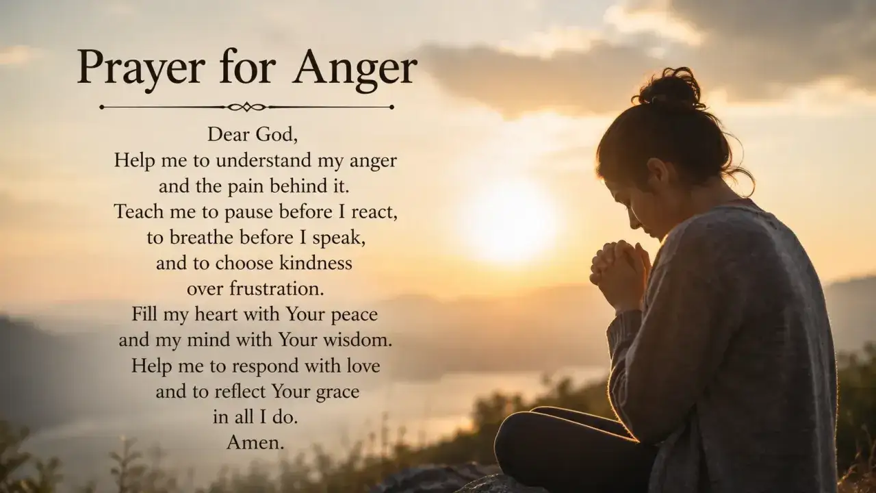 A woman prays at sunset, seeking guidance on how to forgive when you are still angry. The prayer asks for understanding, peace, and wisdom.