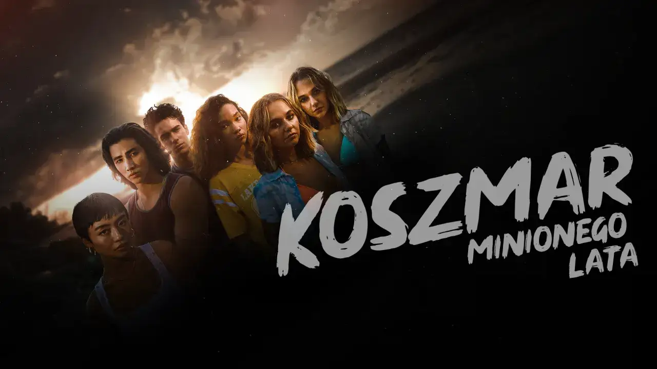 Grupa młodych ludzi patrzy w kamerę, w tle burzowe niebo. Plakat serialu