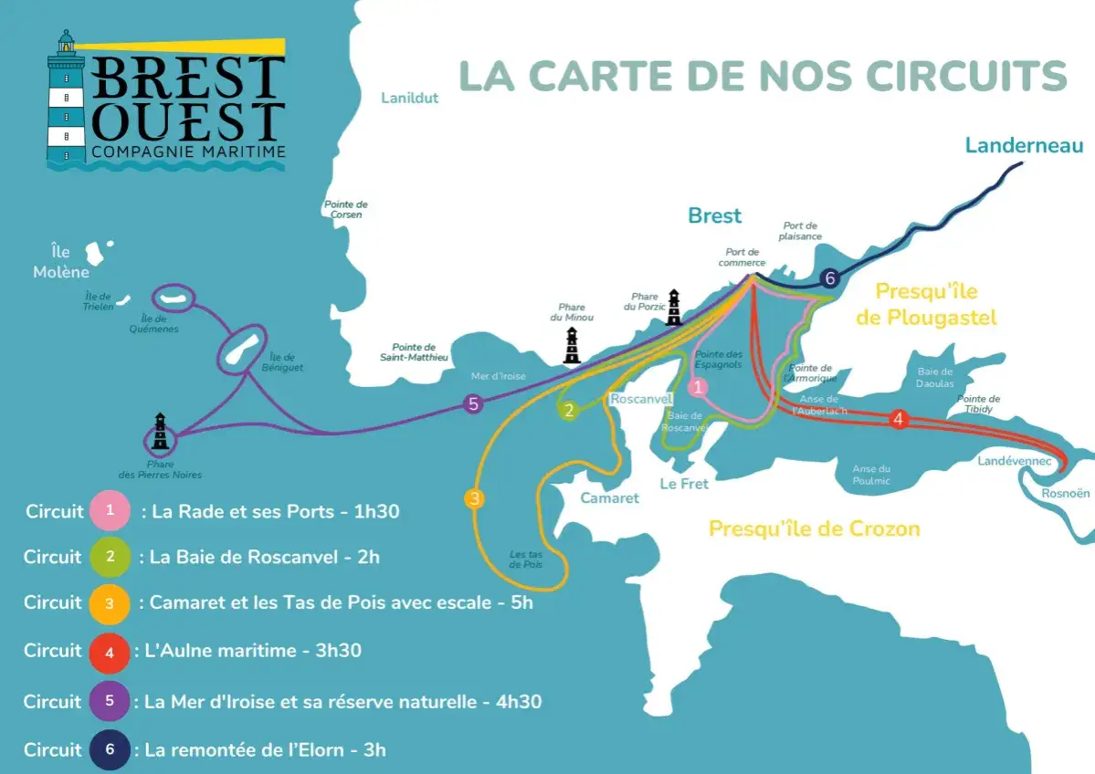 Carte des circuits maritimes de Brest et alentours, montrant les &icirc;les Mol&egrave;ne, Ouessant, et les presqu'&icirc;les de Plougastel et de Crozon.