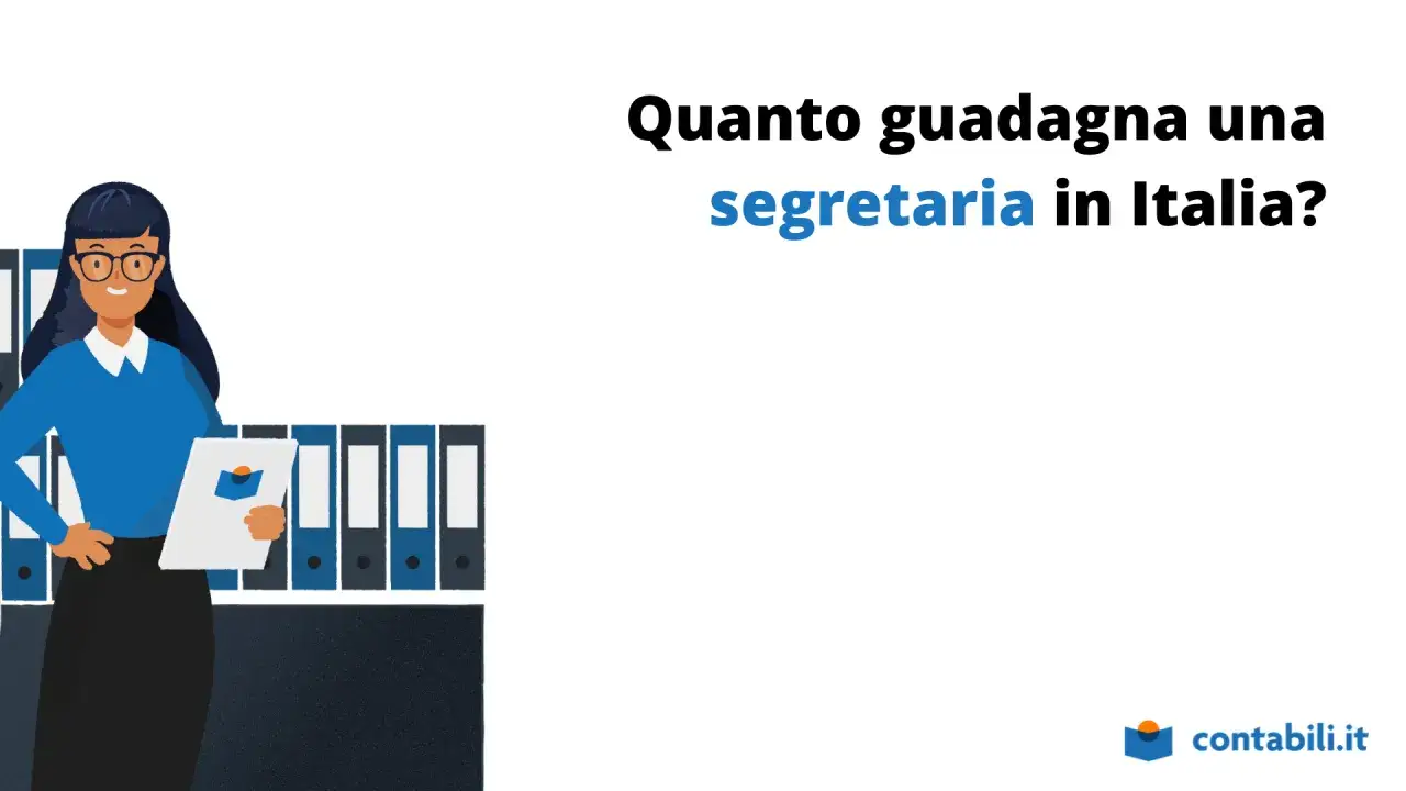 Una segretaria con occhiali e camicetta blu, in piedi davanti a scaffali con raccoglitori, mentre tiene un foglio. Il testo chiede: 