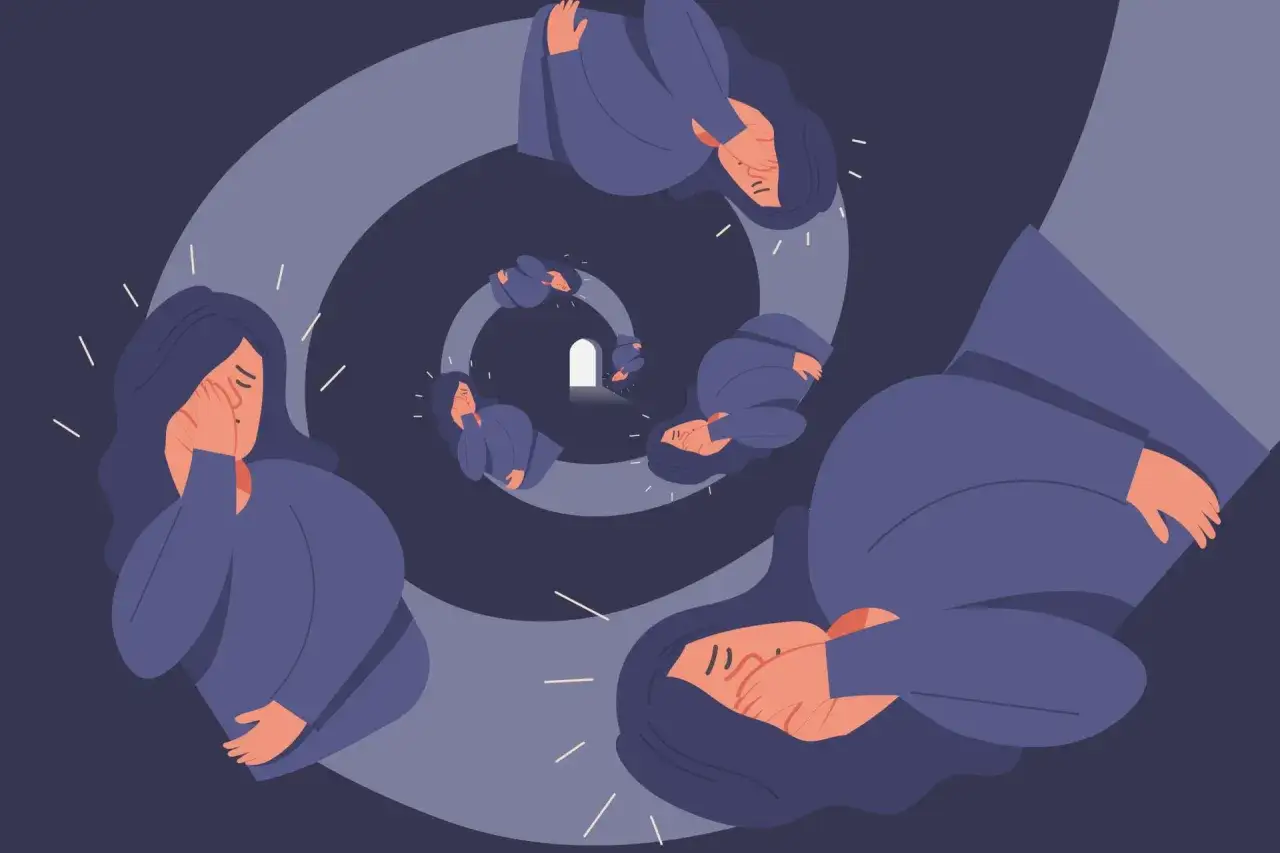 Kobieta w spirali myśli, symbolizującej overthinking. Każda kolejna postać jest coraz mniejsza, zbliżając się do wyjścia.