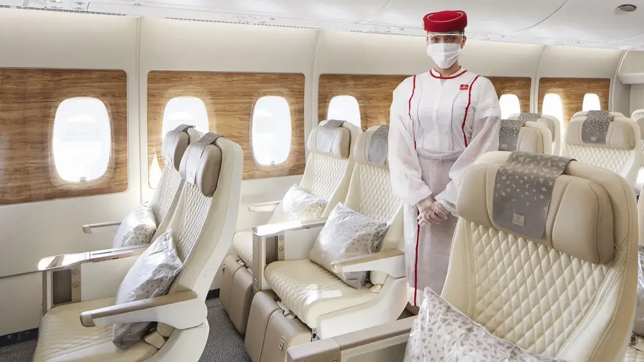Komfortowy lot premium economy z obsługą stewardessy w maseczce. Luksusowe fotele i przestronna kabina.