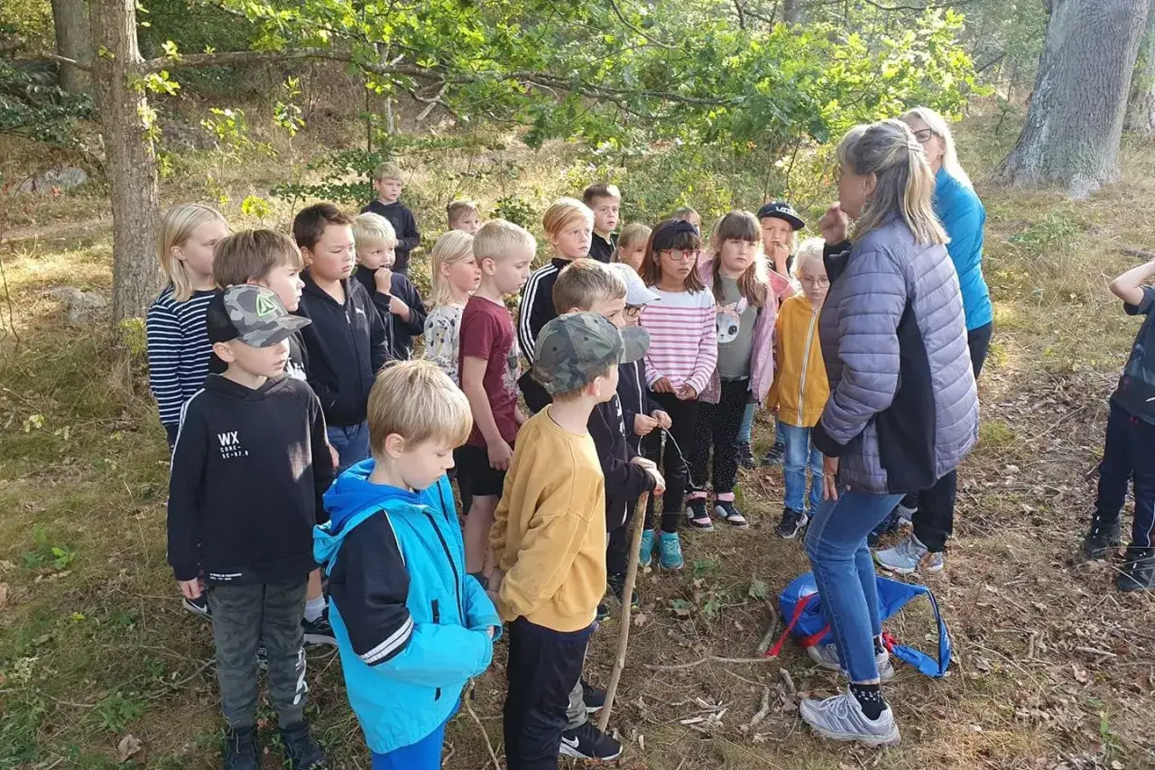 En grupp barn lyssnar uppm&auml;rksamt p&aring; en l&auml;rare under en friluftsdag. De befinner sig i en skogsmilj&ouml; med tr&auml;d och buskar.