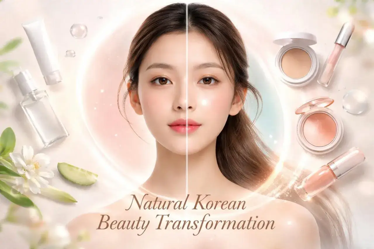 Kobieta z nieskazitelną cerą, otoczona kosmetykami. Naturalny koreański makijaż podkreśla jej piękno.