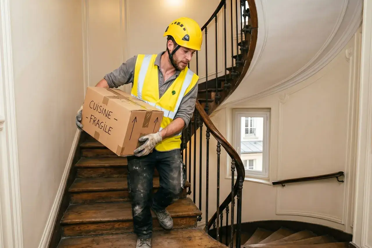 Un homme en casque jaune et gilet de sécurité descend un escalier en colimaçon, portant un carton marqué