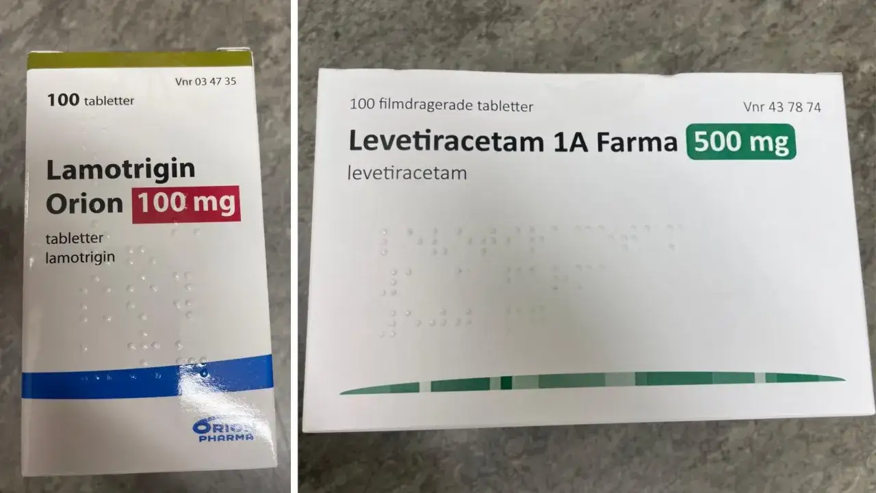 Två medicinförpackningar: Lamotrigin Orion 100 mg och Levetiracetam 1A Farma 500 mg. Lamotrigin kan ge positiva effekter vid vissa tillstånd.
