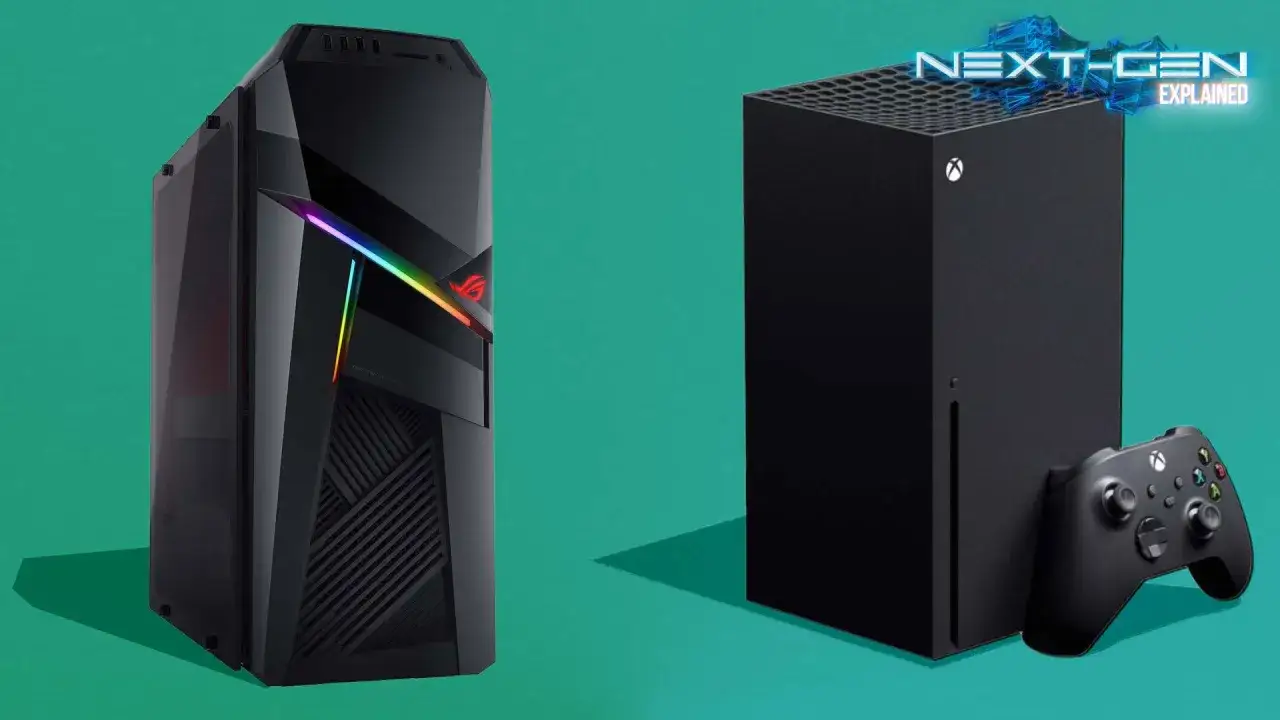 Obok gamingowego PC stoi konsola Xbox Series X, następca Xbox 720, z kontrolerem.