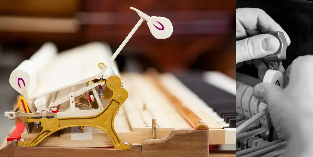 Mechanizm pianina i fortepianu w zbliżeniu. Ręce stroiciela precyzyjnie pracują nad elementami instrumentu.