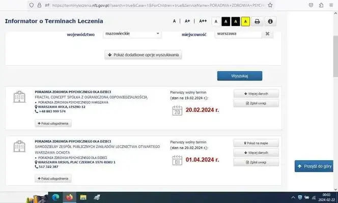 terminyleczenia.nfz.gov.pl wyszukiwarka kolejek zrzut ekranu