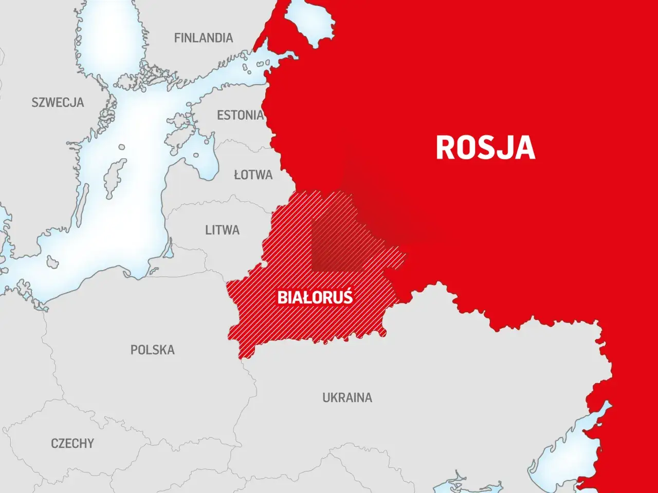 Mapa pokazuje, z kim graniczy Polska na wschodzie: Białoruś i Rosja.