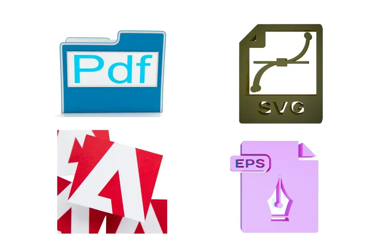 Ikony plik&oacute;w: PDF, SVG (grafika wektorowa), EPS i logo Adobe.