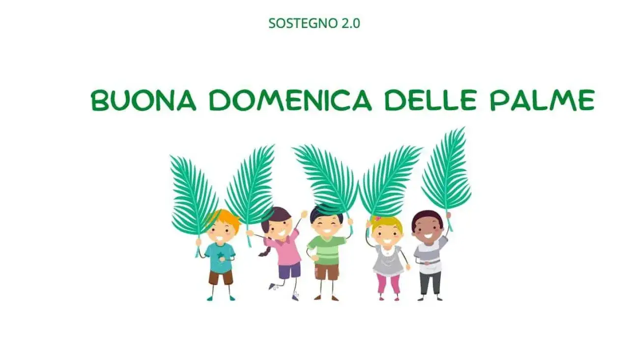 Bambini felici celebrano la Domenica delle Palme con rami verdi, un modo semplice per spiegare la festa ai più piccoli.