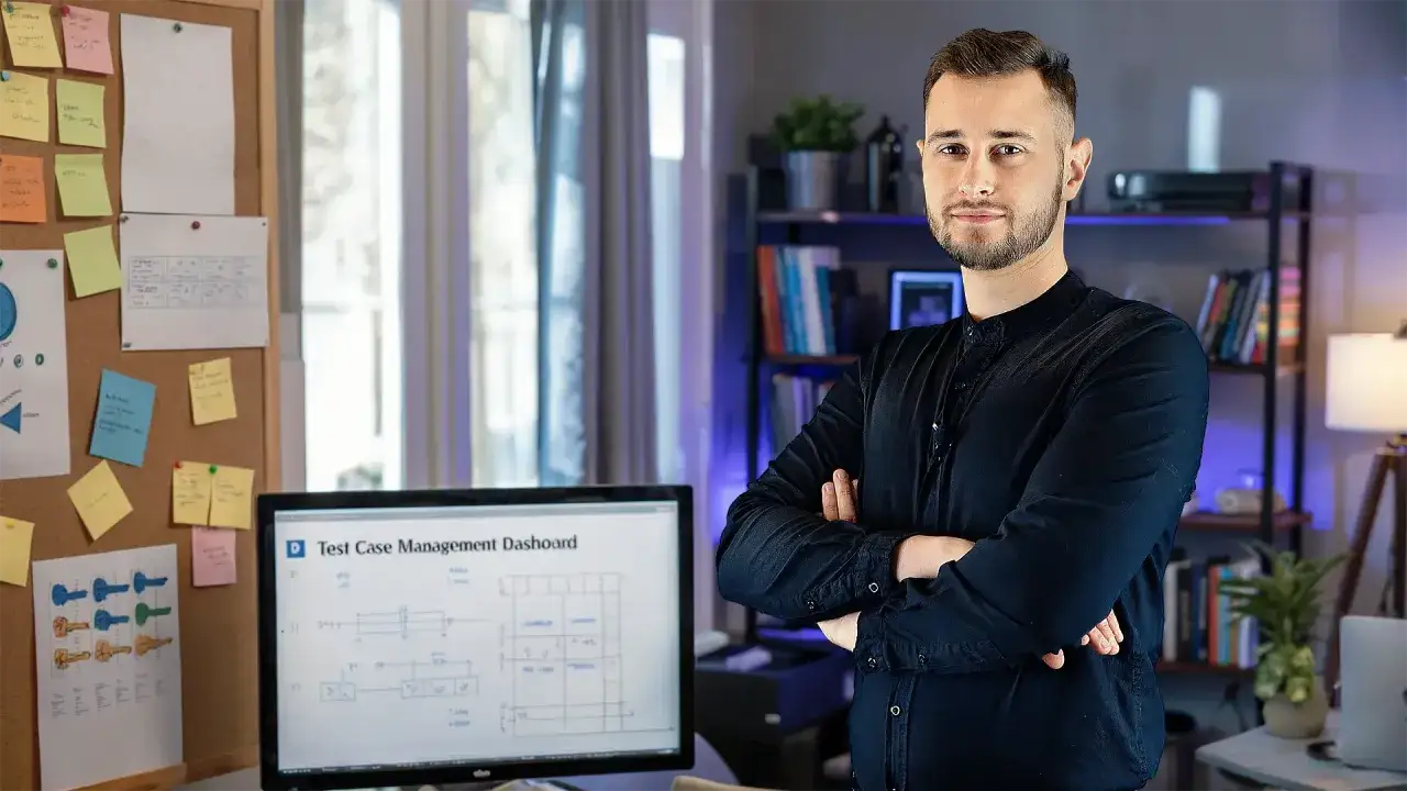 Mężczyzna w czarnej koszuli, przygotowujący się do egzaminu ISTQB. Na biurku monitor z dashboardem zarządzania przypadkami testowymi.
