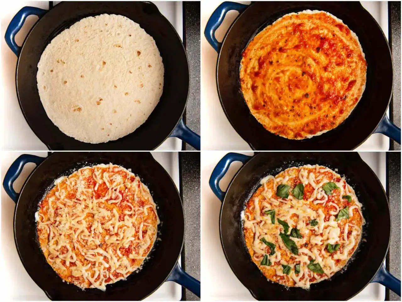 Szybka pizza z tortilli na patelni: od placka, przez sos i ser, aż po świeżą bazylię.