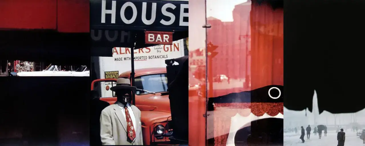 Ulica w stylu Saul Leiter: mężczyzna w kapeluszu pali papierosa przed ciężarówką, biały kabriolet, szyld