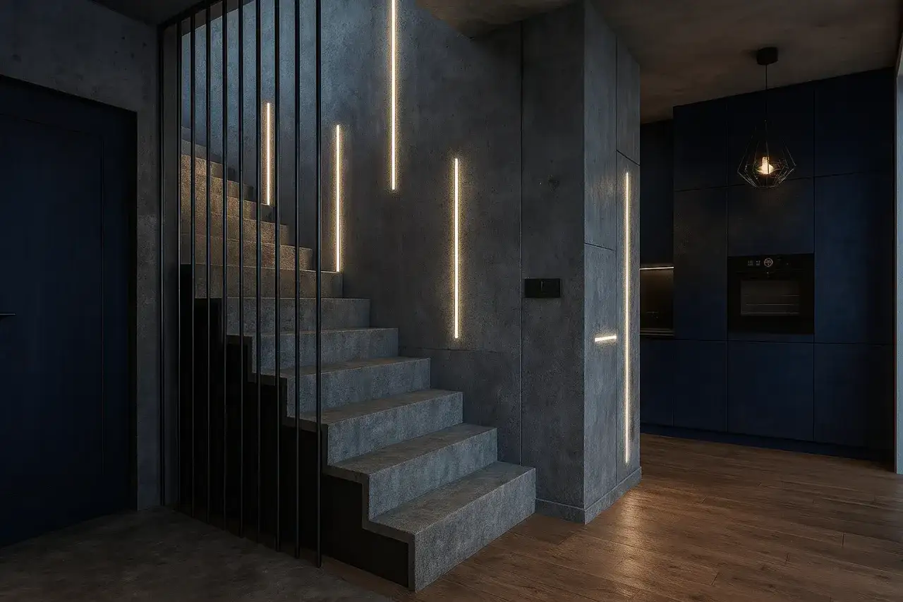Nowoczesne wykończenie schodów przy ścianie z betonową fakturą i pionowym oświetleniem LED. Czarne balustrady dodają elegancji.