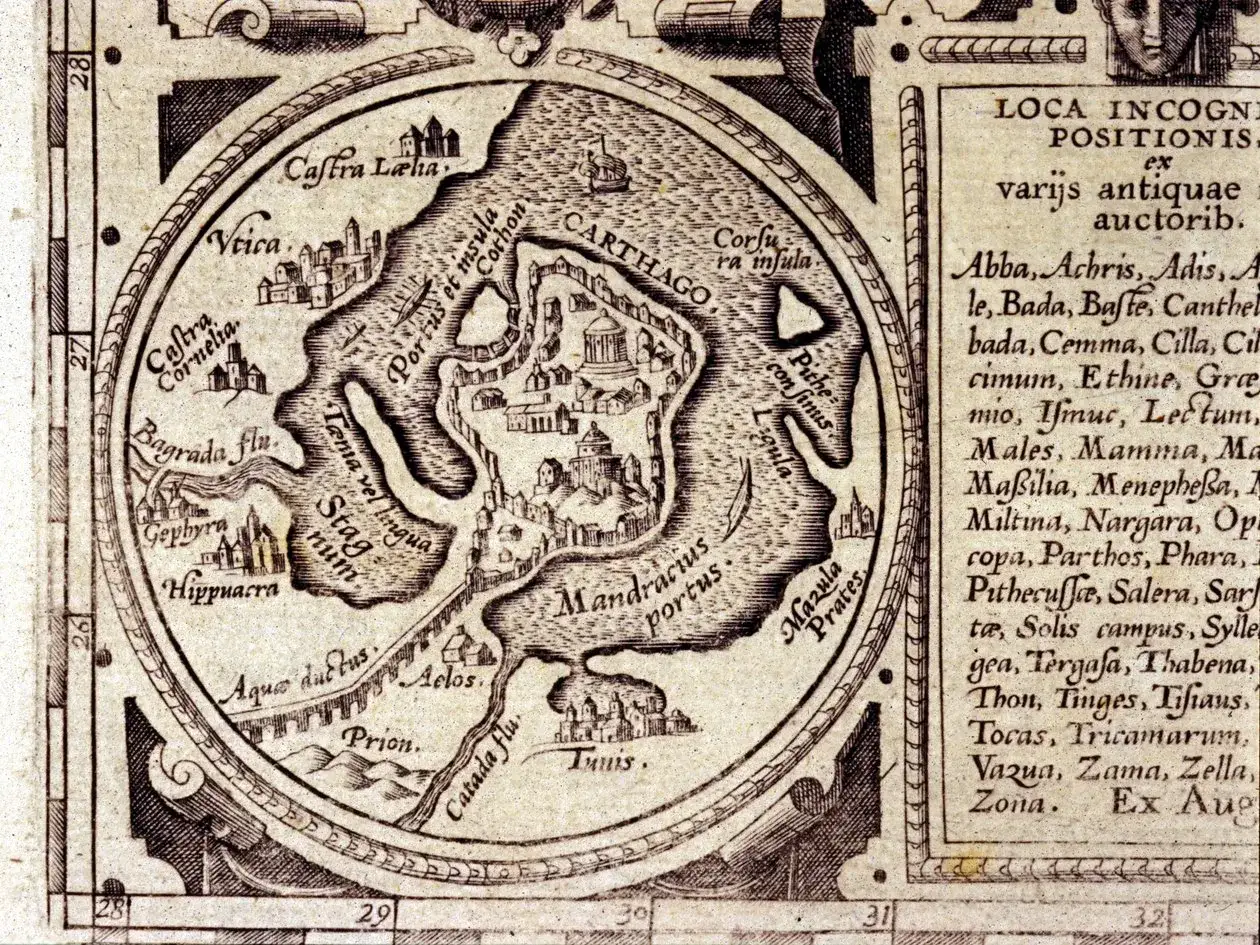 Alte Karte zeigt, wo liegt Karthago: eine Hafenstadt mit Inseln, Flüssen und Aquädukten, umgeben von antiken Ortsnamen.