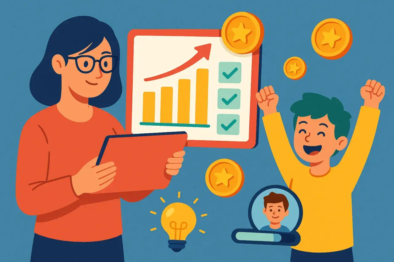 Frau mit Tablet und Diagramm, Junge jubelt, M&uuml;nzen und Gl&uuml;hbirne. Dies illustriert die **Definition von Gamification**: spielerische Elemente zur Motivation.