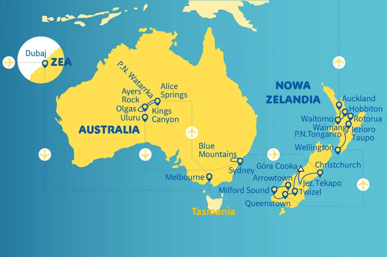 Mapa pokazuje, gdzie leży Australia, z zaznaczonymi atrakcjami jak Uluru i Sydney, oraz Nową Zelandię.
