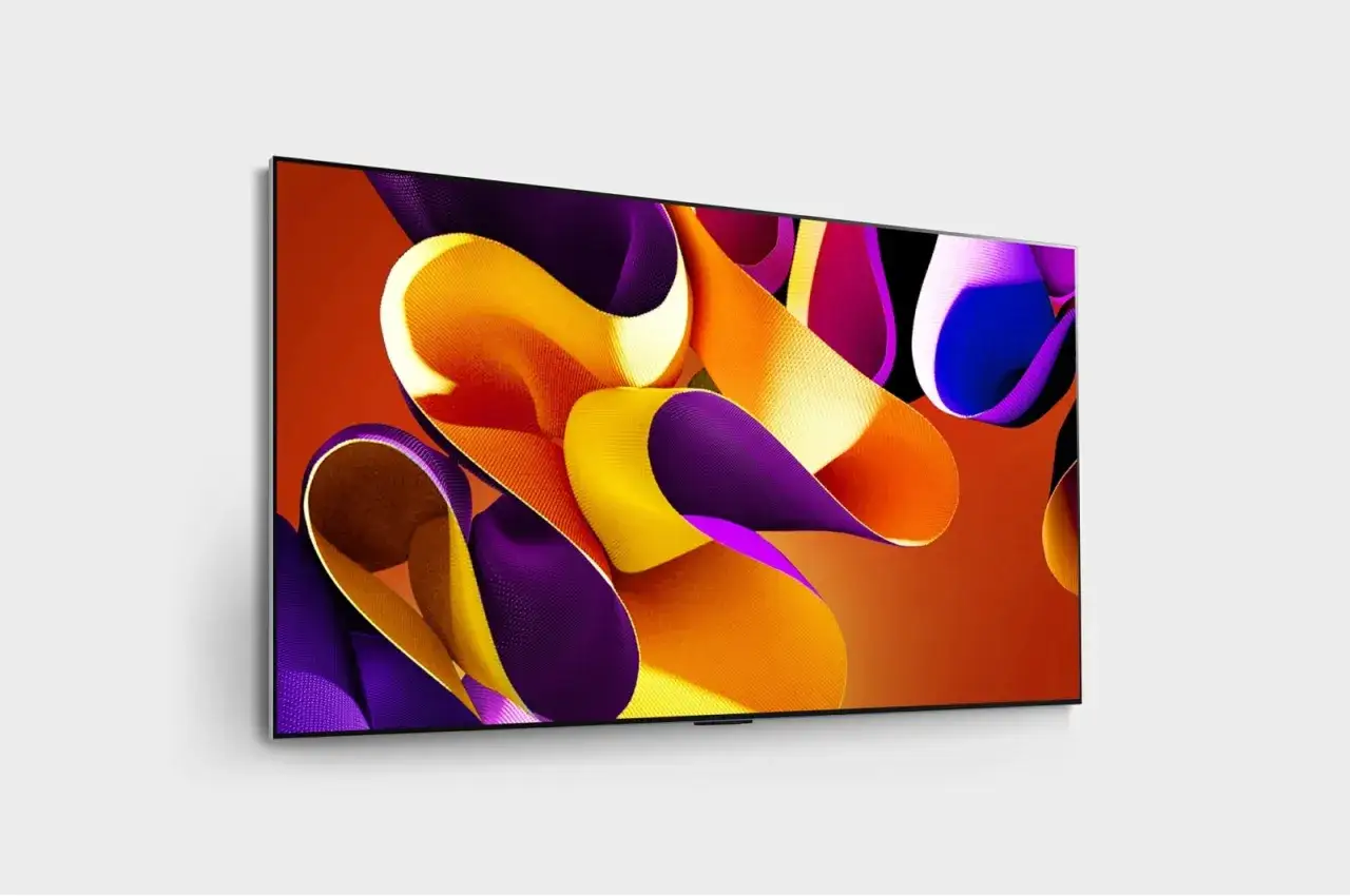 Telewizor LG G4 65 cali z abstrakcyjnym, kolorowym wzorem na ekranie.