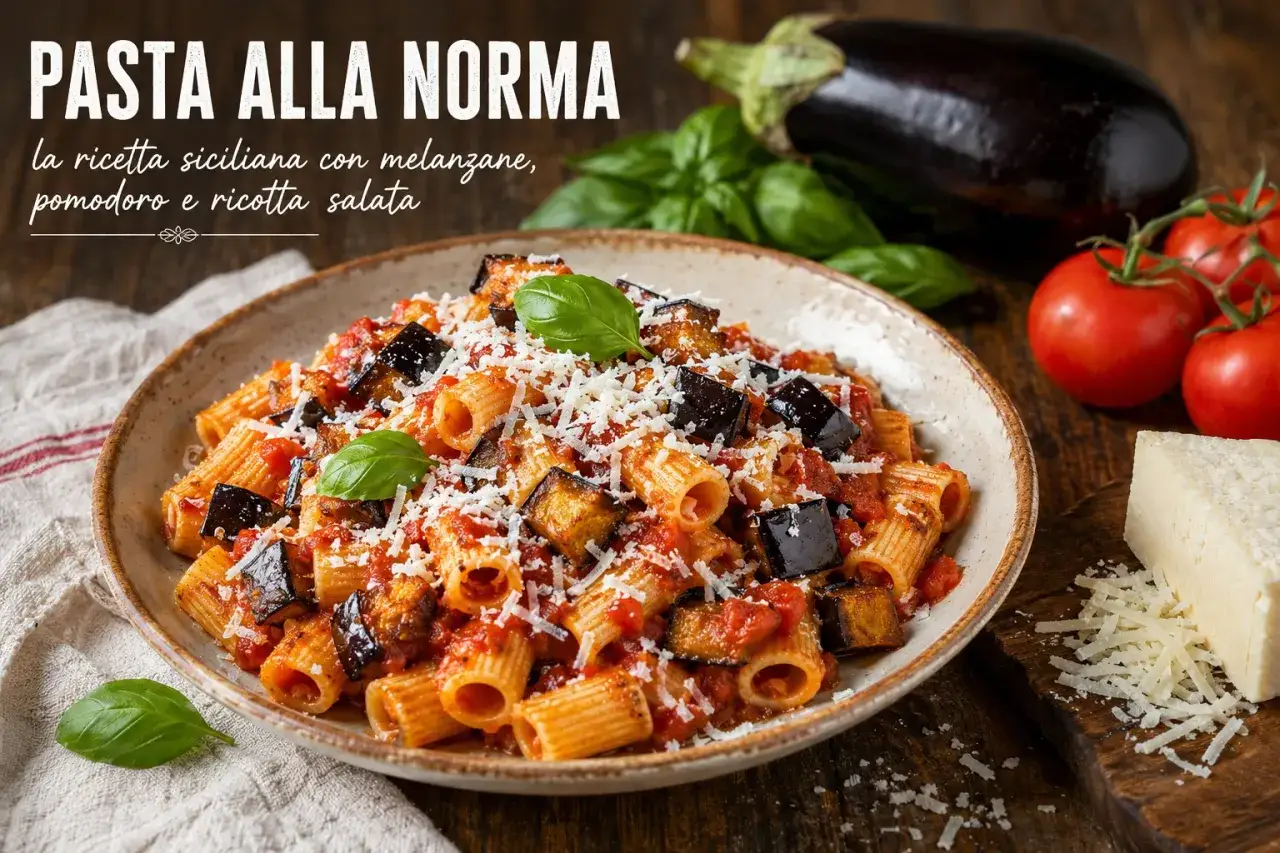 Piatto di pasta alla norma fumante, con melanzane fritte, pomodoro e ricotta salata grattugiata, guarnito con basilico fresco.