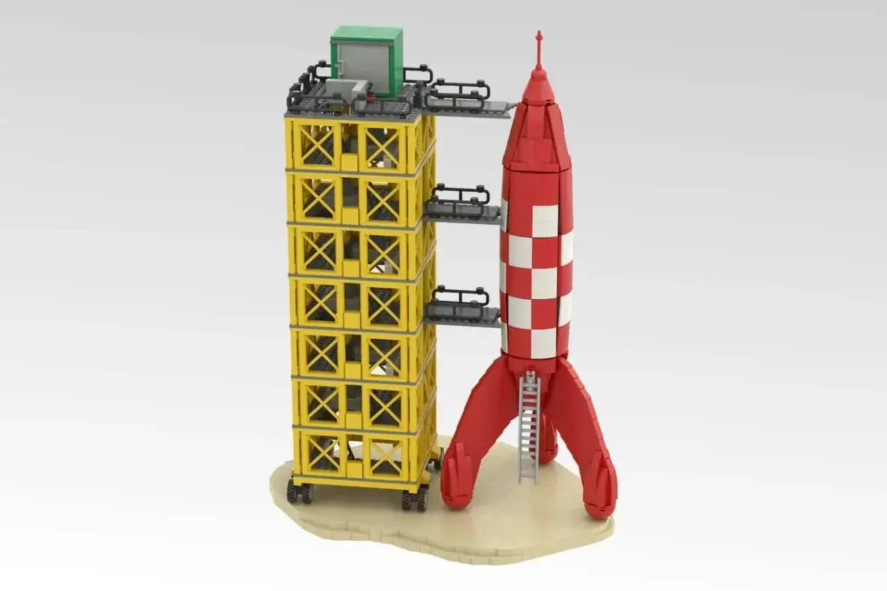 Lego-Nachbau der Rakete und des Startturms aus Tim und Struppi.