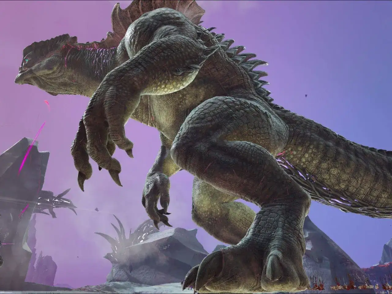 Un enorme dinosaurio con escamas verdes y moradas, con garras afiladas, se alza contra un cielo púrpura. ¡Un verdadero desafío para los trucos de Ark!