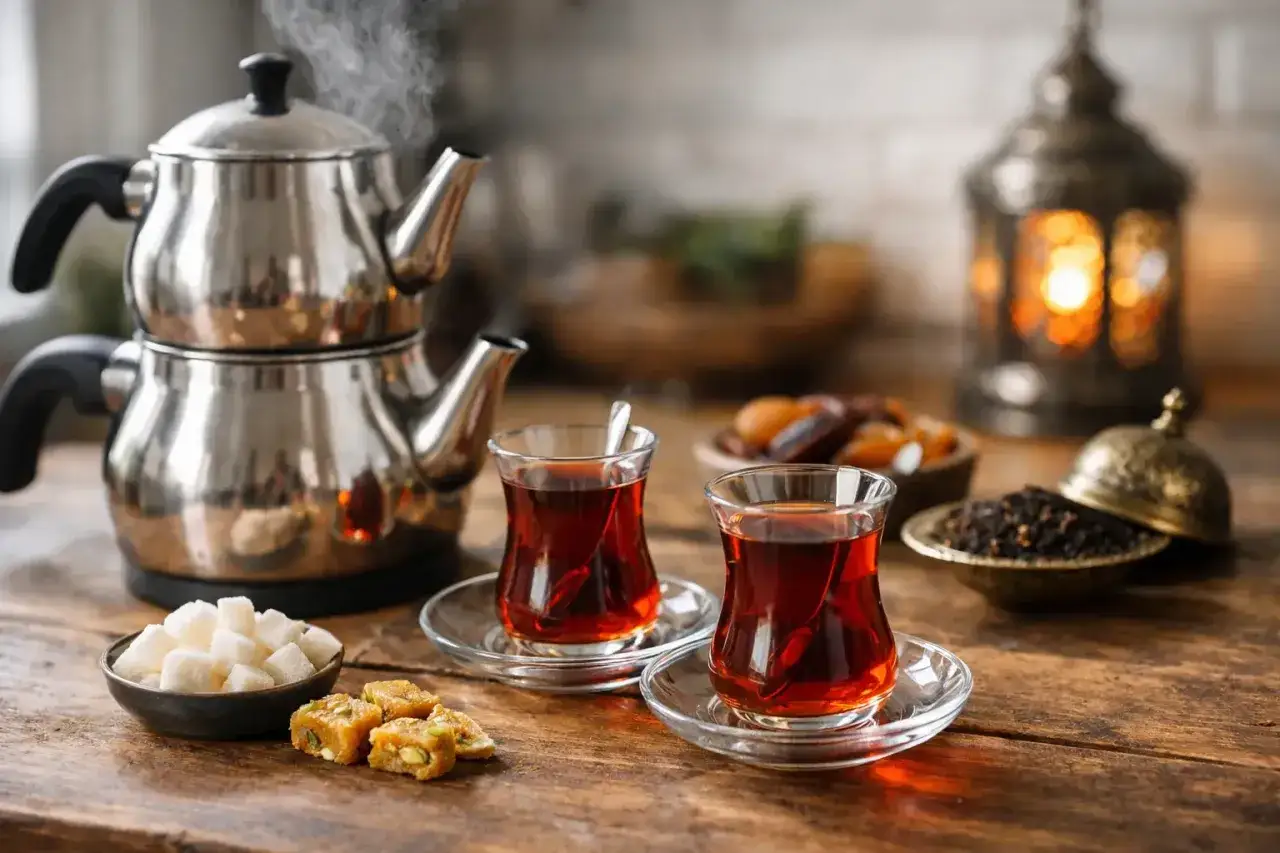 Para przygotowania aromatycznej herbaty po turecku: parujący czajniczek, dwa kieliszki z naparem, cukierki i baklava na drewnianym stole.